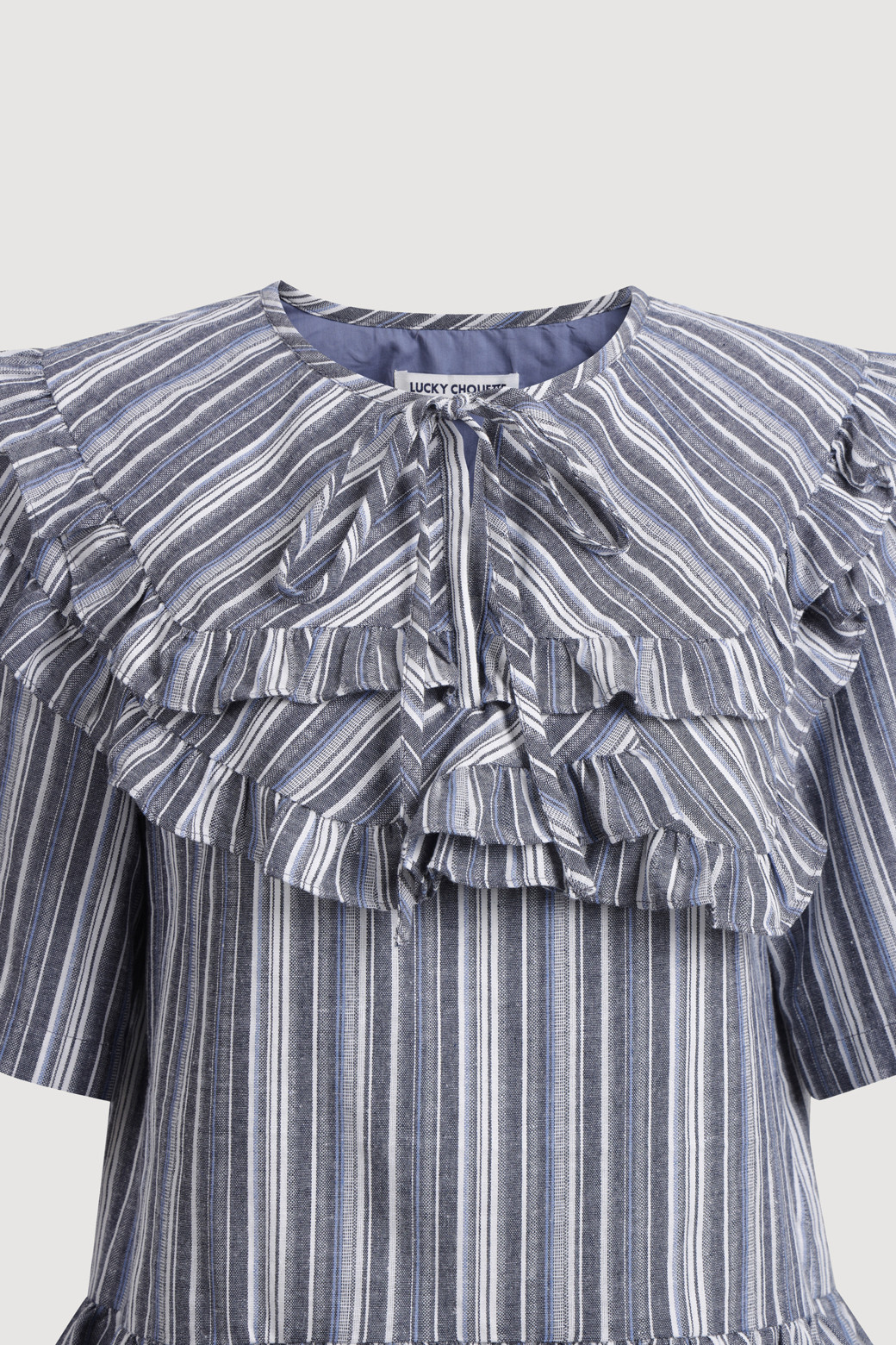 LUCKY CHOUETTE - 블라우스 - [Re-Order] Frill Point Stripe Half Sleeve Blouse (dark blue)