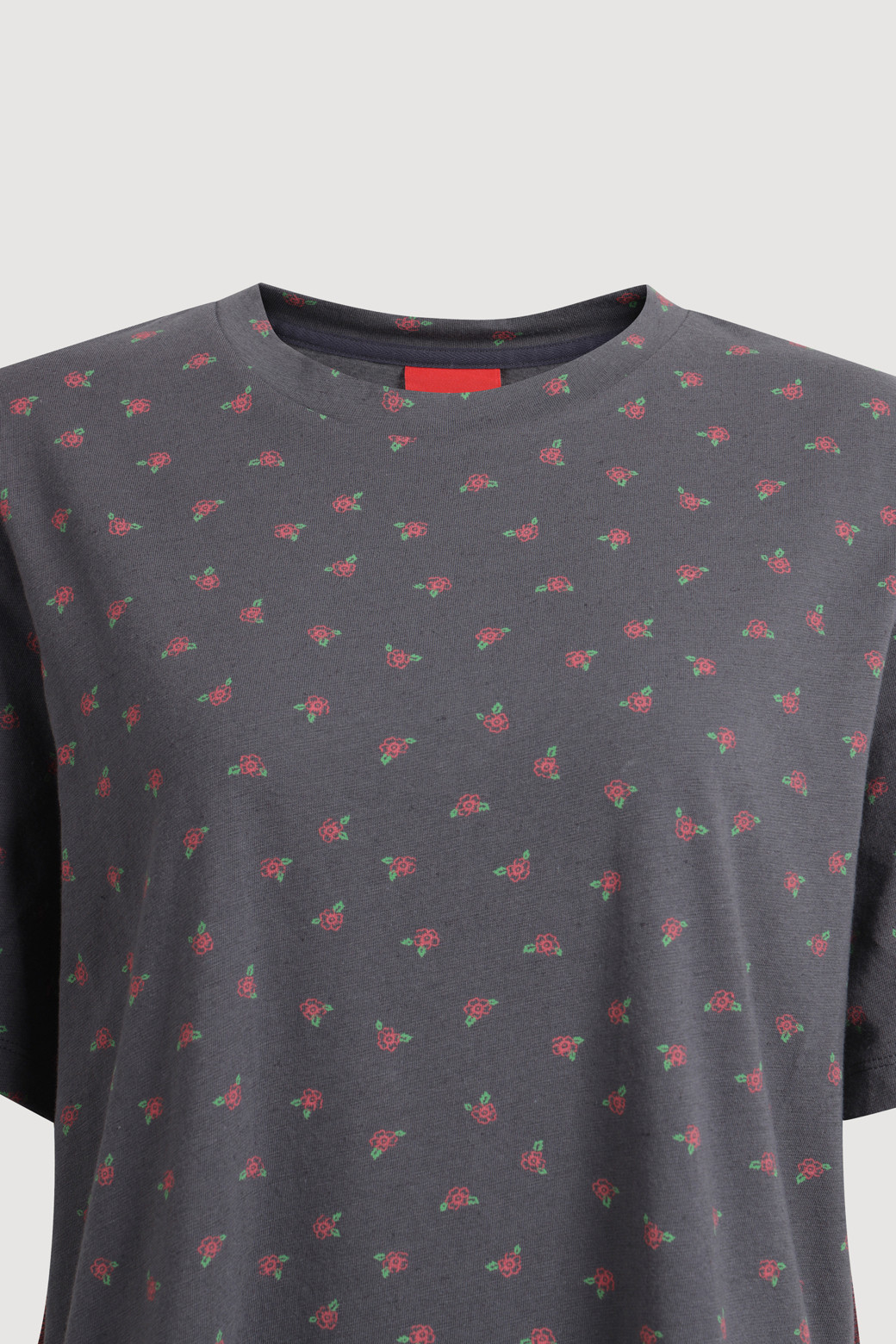 LUCKY CHOUETTE - 반소매 티셔츠 - Flower Print Basic Half Sleeve T-shirt (dark grey)