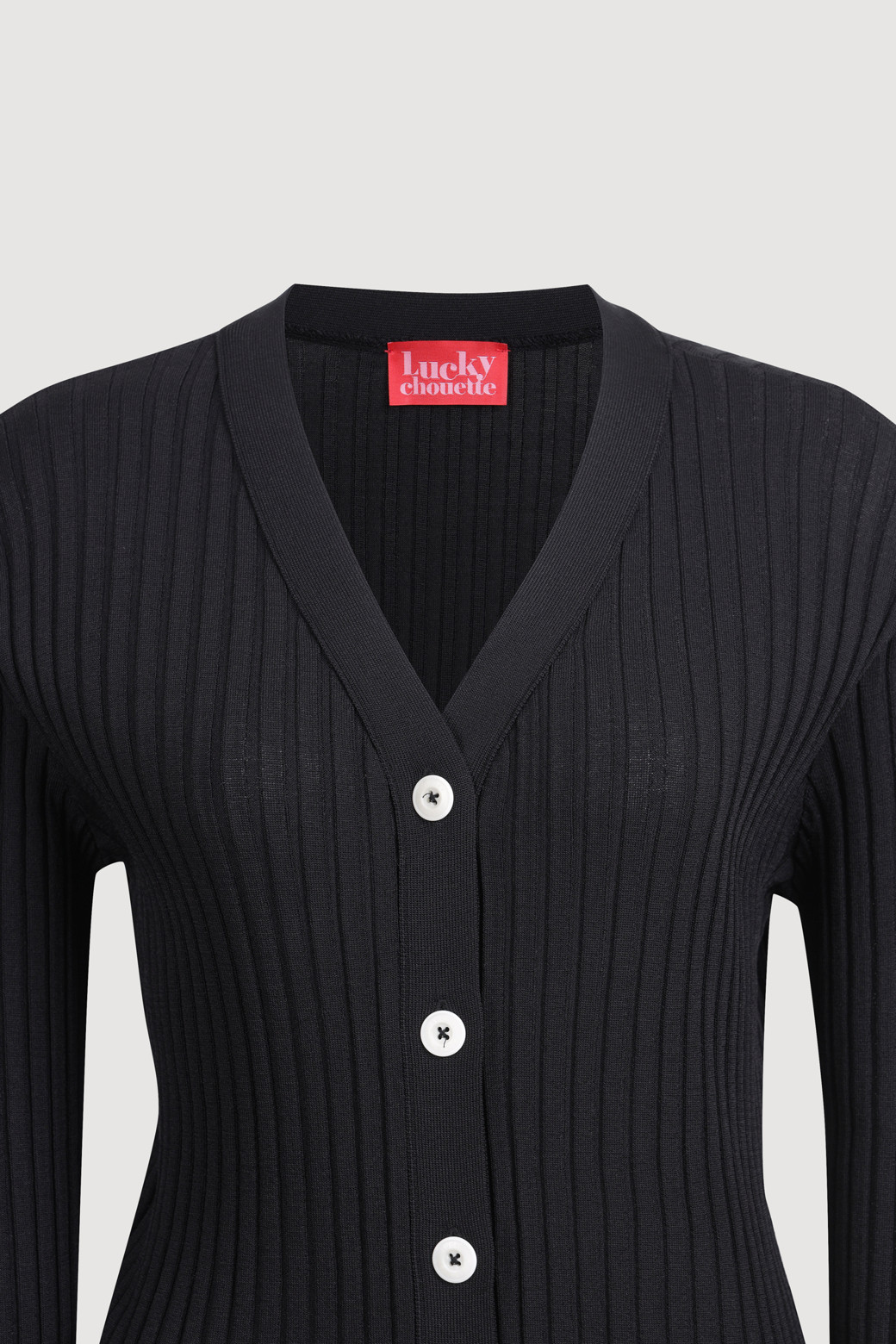 LUCKY CHOUETTE - 가디건 - Ribbed Slim Fit Knit Cardigan (black)