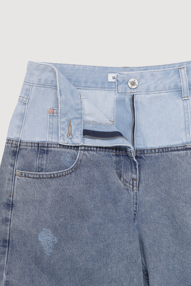 LUCKY CHOUETTE - 롱/미디팬츠 - Color Block Bermuda Denim Pants (blue)