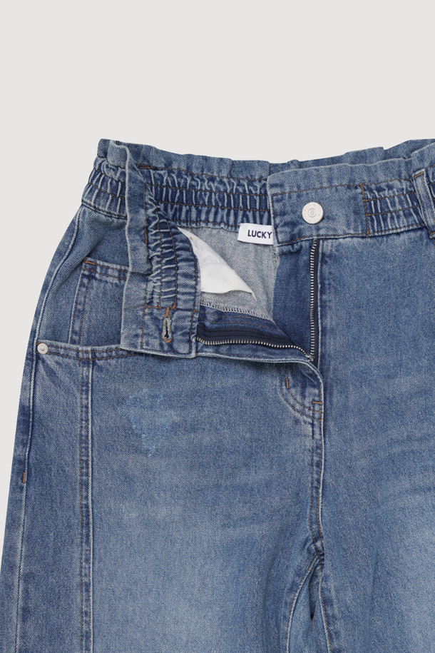 LUCKY CHOUETTE - 롱/미디팬츠 - Waist Banding Denim Pants (blue)