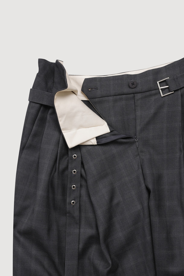 LUCKY CHOUETTE - 롱/미디팬츠 - [Atelier] Obi Point Check Wide Pants (grey)