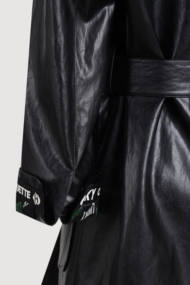 LUCKY CHOUETTE - 코트 - Fake Leather Long Fabric Belt Coat (black)