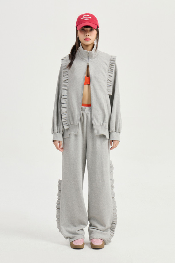 LUCKY CHOUETTE - 롱/미디팬츠 - [Online-Exclusive] Frill-pointed Jersey Banding Pants (dark grey)