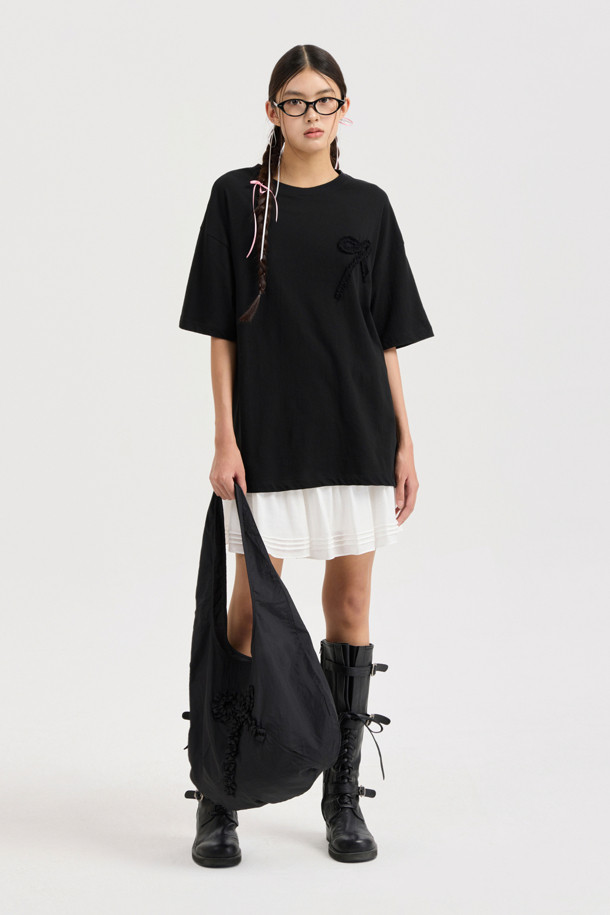 LUCKY CHOUETTE - 반소매 티셔츠 - Chouetties by LUCKY CHOUETTE_Ribbon Point Loose Fit Half Sleeve T-shirt (black)