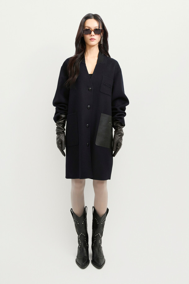 LUCKY CHOUETTE - 코트 - [Handmade] Collarless Leather Pocket Coat (dark navy)