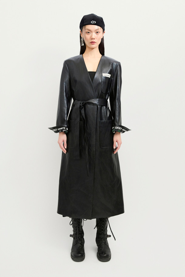 LUCKY CHOUETTE - 코트 - Fake Leather Long Fabric Belt Coat (black)