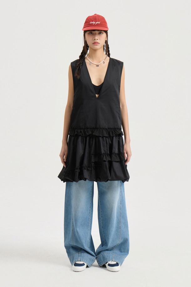 LUCKY CHOUETTE - 민소매 원피스 - V Neck Frill Mini Dress (black)