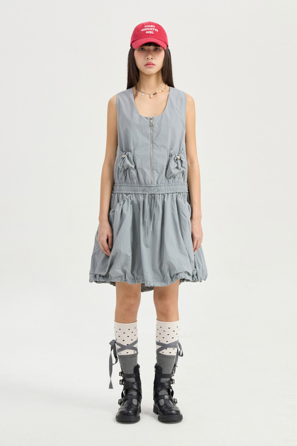 LUCKY CHOUETTE - 민소매 원피스 - U Neck String Volume Dress (grey)