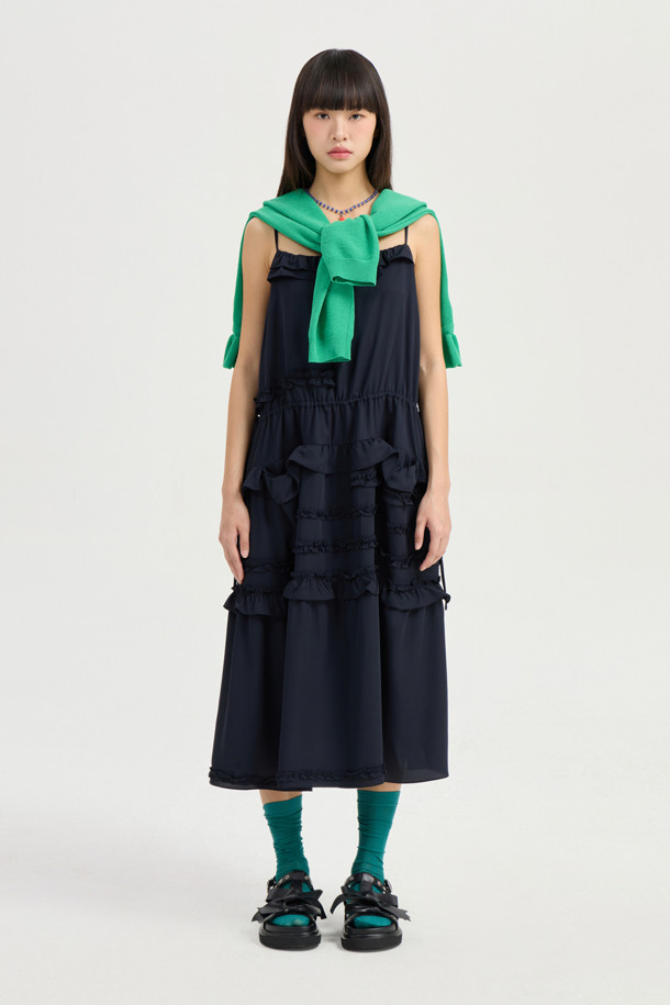 LUCKY CHOUETTE - 민소매 원피스 - Frill Slip Long Dress (dark navy)