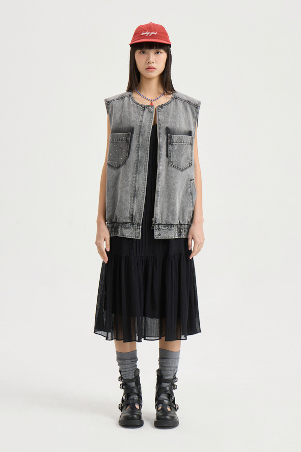 LUCKY CHOUETTE - 민소매 원피스 - Tuck Slip Dress (black)