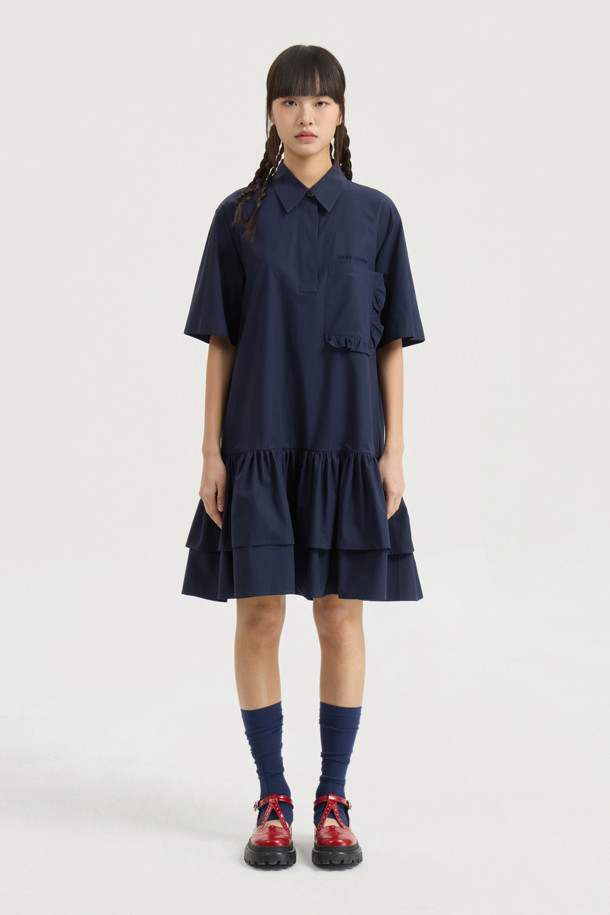 LUCKY CHOUETTE - 반소매 원피스 - Hem Frill Half Sleeve Cotton Shirt Dress (dark navy)