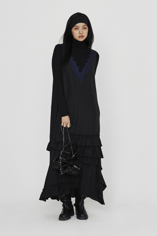 LUCKY CHOUETTE - 민소매 원피스 - [Holiday Edition] Lace Combination Frill Slip Dress (black)