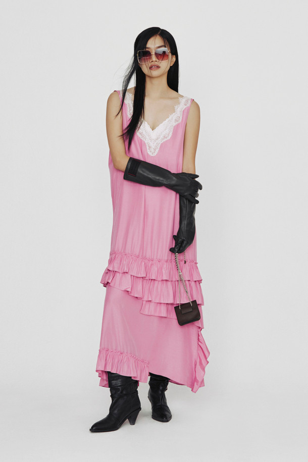 LUCKY CHOUETTE - 민소매 원피스 - [Holiday Edition] Lace Combination Frill Slip Dress (pink)