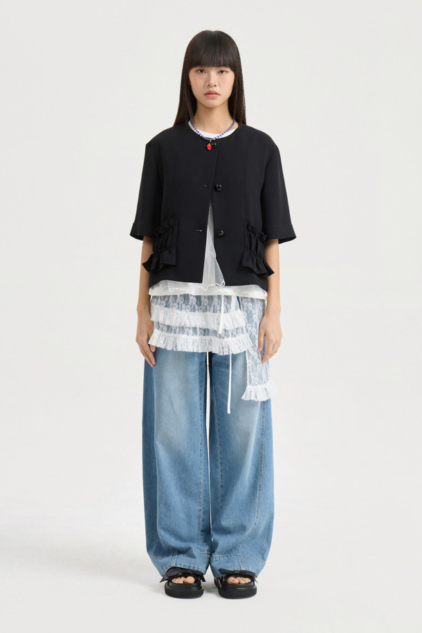 LUCKY CHOUETTE - 자켓 - Poly Half Sleeve Crop Jacket (black)