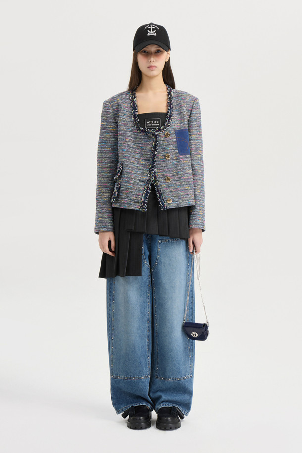 LUCKY CHOUETTE - 자켓 - [Atelier] Denim Pocket U-Neck Tweed Jacket (multi color)