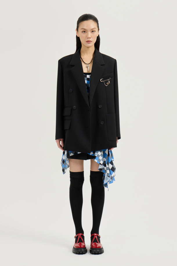 LUCKY CHOUETTE - 자켓 - Solid Brooch Double Jacket (dark black)