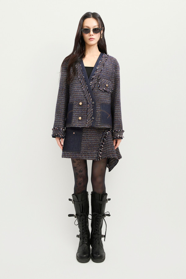 LUCKY CHOUETTE - 자켓 - Denim Patch Eyelet Pocket Tweed Jacket (dark navy)