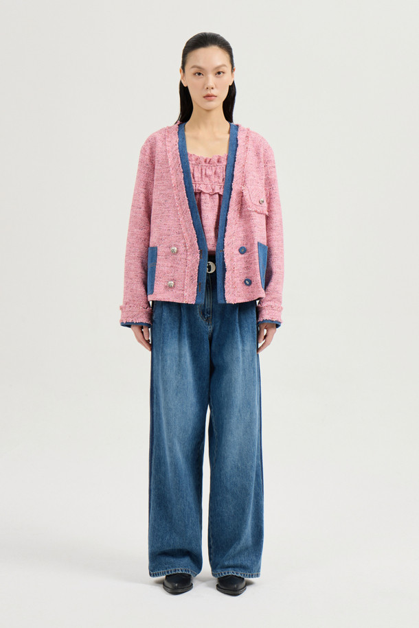 LUCKY CHOUETTE - 자켓 - Denim Patch Eyelet Pocket Tweed Jacket (pink)