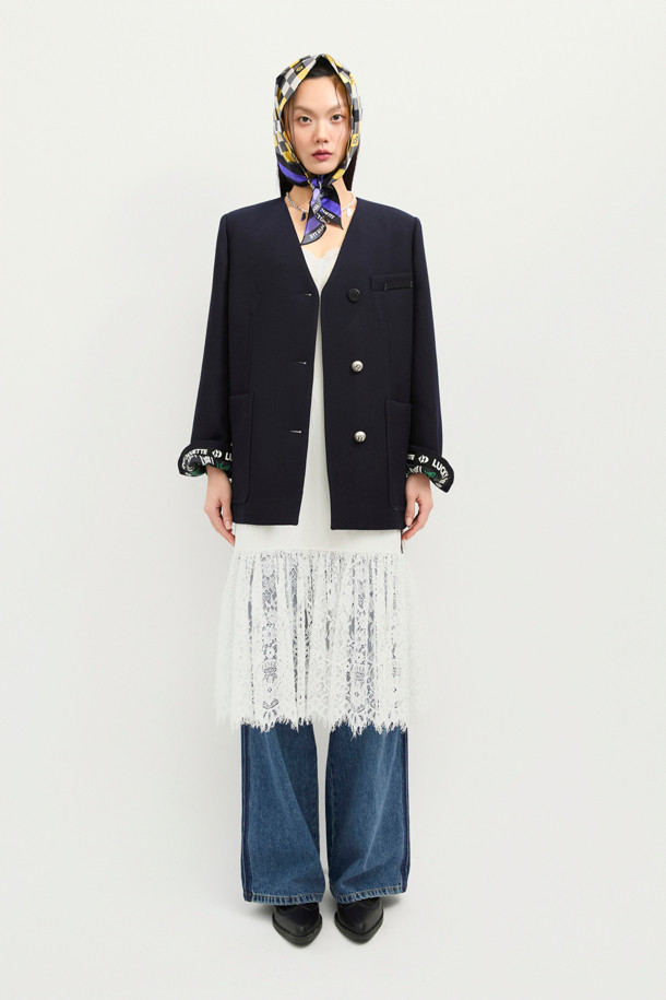 LUCKY CHOUETTE - 자켓 - V-neck Collarless Half Jacket (dark navy)