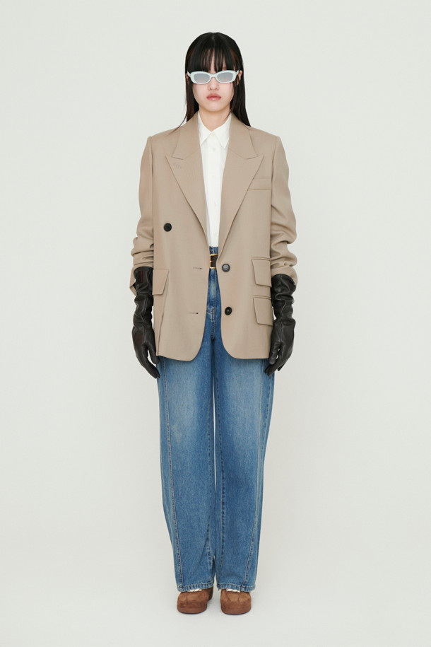 LUCKY CHOUETTE - 자켓 - Peaked Collar Solid Double Jacket (beige)