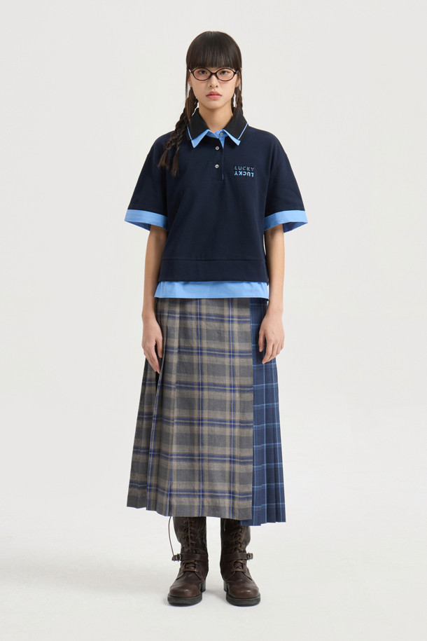 LUCKY CHOUETTE - 롱스커트 - Check Mix Long Pleats Skirt (multi color)