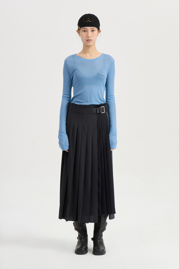 LUCKY CHOUETTE - 롱스커트 - [Atelier] Check Solid Mix Long Pleats Skirt (grey)