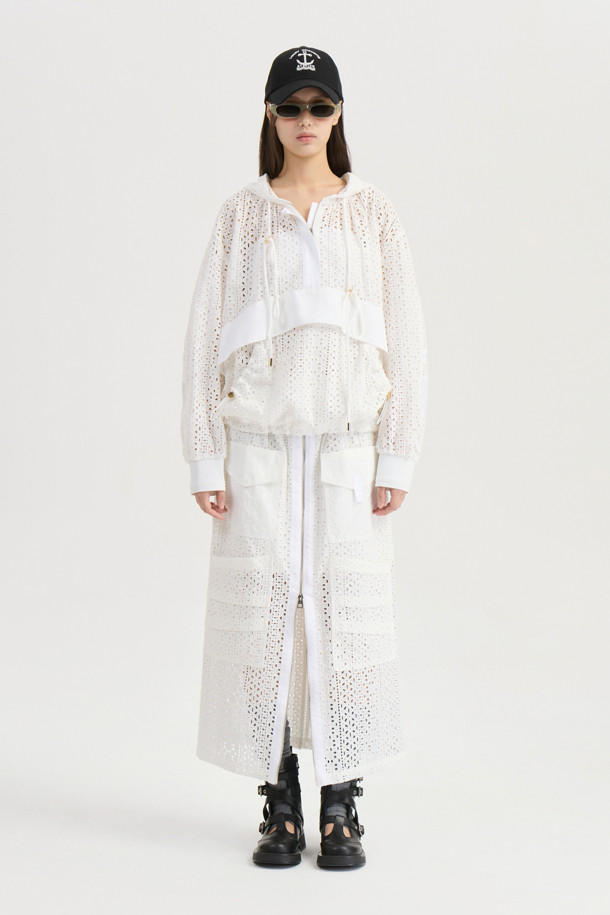 LUCKY CHOUETTE - 롱스커트 - [Atelier] Eyelet Lace Back Banding Long Skirt (white)