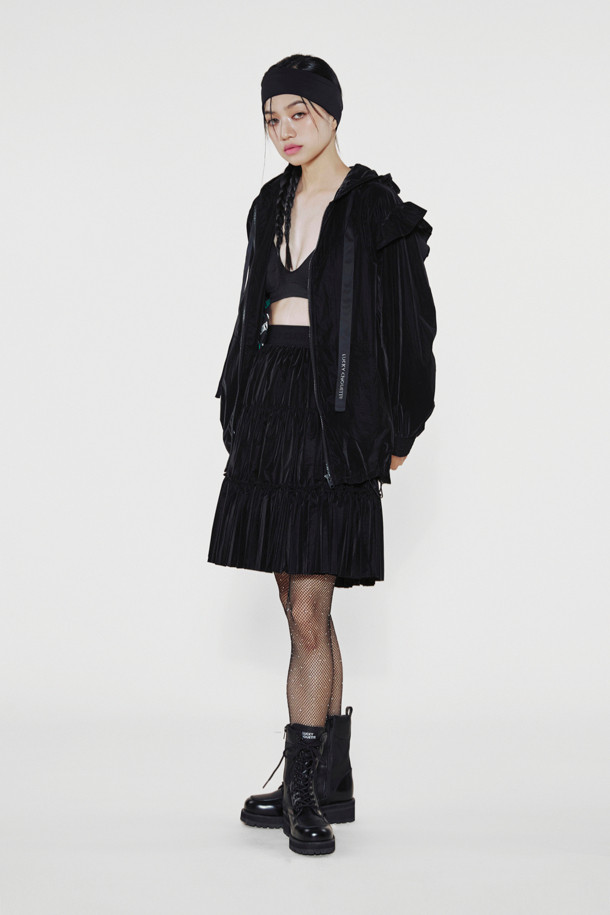 LUCKY CHOUETTE - 미디스커트 - [Holiday Edition] Pleated Point Banding Midi Skirt (dark black)