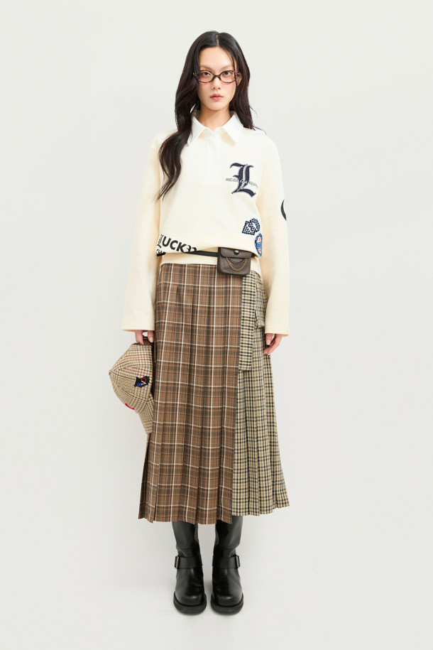 LUCKY CHOUETTE - 롱스커트 - Checkered MIX Pleated Long Skirt (beige)