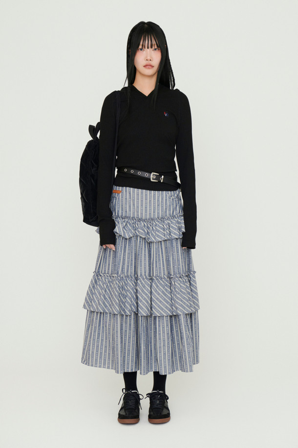 LUCKY CHOUETTE - 롱스커트 - Shirring Stripe Back Banding Long Skirt (blue)