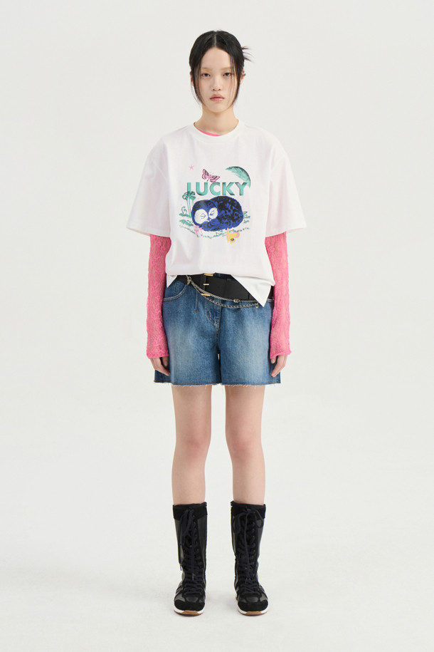 LUCKY CHOUETTE - 쇼트팬츠 - Color Block Denim Shorts (blue)