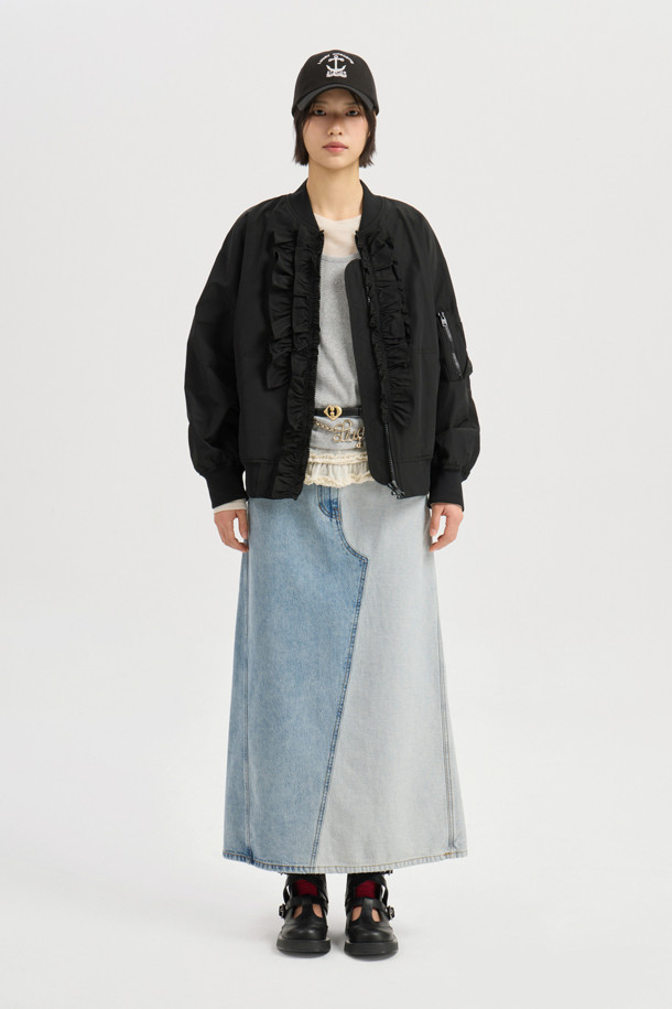 LUCKY CHOUETTE - 롱스커트 - Back Banding Color Block Long Denim Skirt (blue)