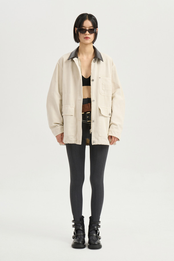 LUCKY CHOUETTE - 점퍼 - Fake Leather Collar Denim Jumper (ivory)