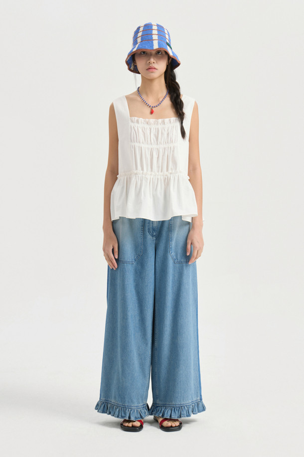 LUCKY CHOUETTE - 롱/미디팬츠 - [Re-Order] Hem Frill Back Banding Wide Denim Pants (blue)