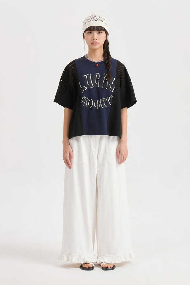 LUCKY CHOUETTE - 롱/미디팬츠 - Hem Frill Back Banding Wide Denim Pants (white)
