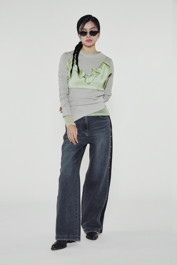 LUCKY CHOUETTE - 롱/미디팬츠 - [Holiday Edition] Stud Decorated Denim Pants (dark grey)