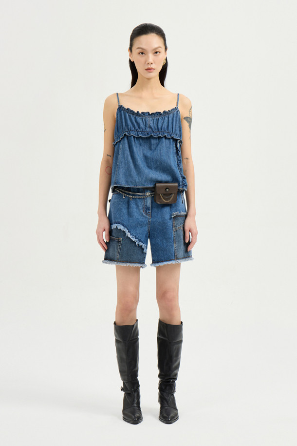 LUCKY CHOUETTE - 블라우스 - Frill Denim Top (blue)