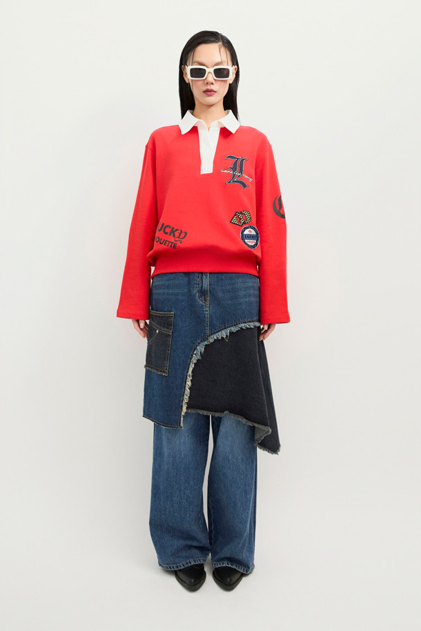 LUCKY CHOUETTE - 데님 - Color Block Asymmetric Denim Skirt (blue)