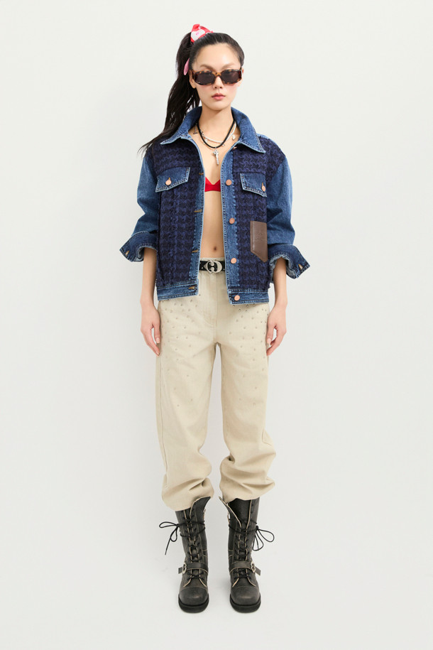 LUCKY CHOUETTE - 롱/미디팬츠 - Stud Decoration Denim Pants (light beige)