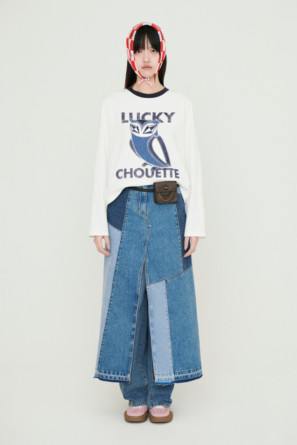 LUCKY CHOUETTE - 롱스커트 - Color Patch Denim Long Skirt (blue)