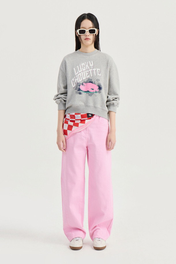 LUCKY CHOUETTE - 롱/미디팬츠 - Waist Coloring Cocoon Fit Denim Pants (pink)