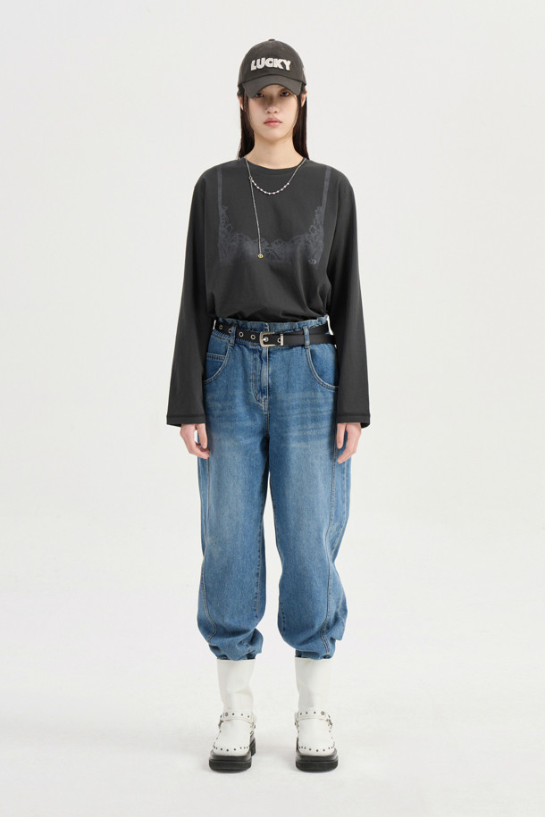 LUCKY CHOUETTE - 롱/미디팬츠 - Waist Banding Denim Pants (blue)