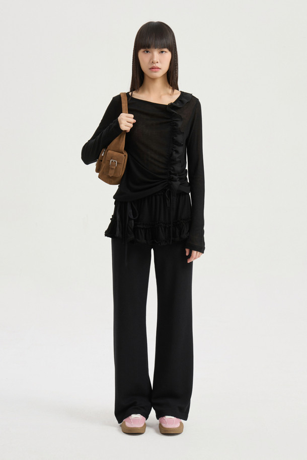 LUCKY CHOUETTE - 롱/미디팬츠 - Frill Overlap Jersey Banding Pants (black)