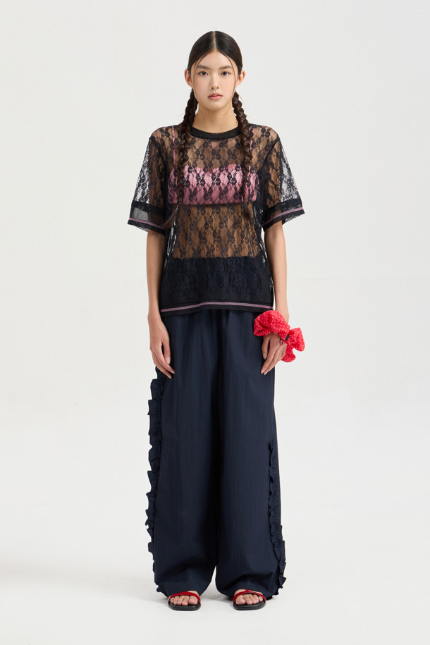 LUCKY CHOUETTE - 롱/미디팬츠 - Frill Point Banding Pants (dark navy)
