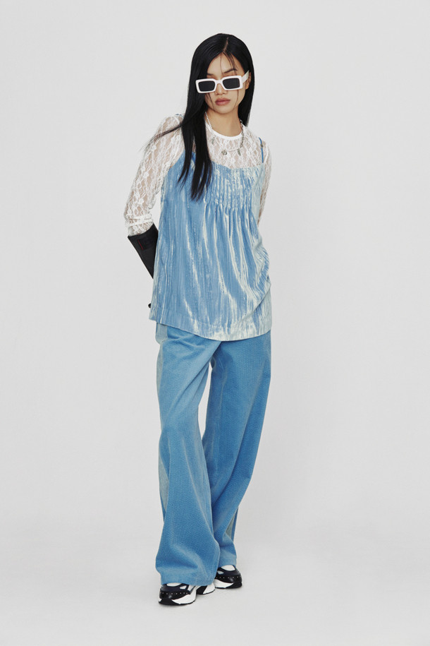 LUCKY CHOUETTE - 롱/미디팬츠 - [Holiday Edition] Side Color Corduroy Banding Pants (light blue)