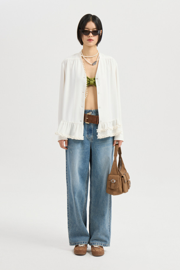 LUCKY CHOUETTE - 블라우스 - Shirring Point Poly Long Sleeve Blouse (ivory)