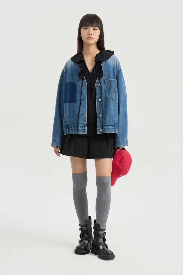 LUCKY CHOUETTE - 블라우스 - Full Open Frill Half Sleeve Blouse (black)