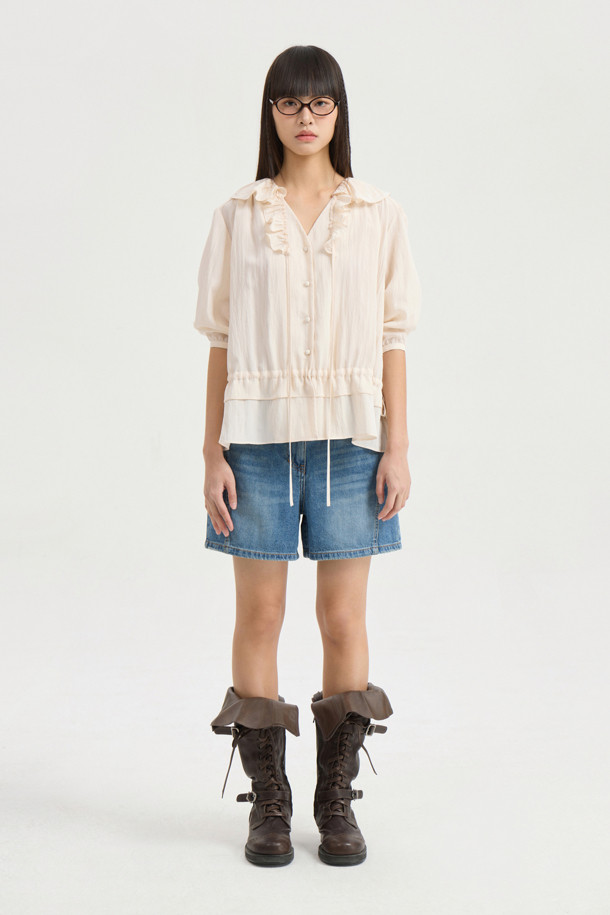 LUCKY CHOUETTE - 블라우스 - Full Open Frill Half Sleeve Blouse (ivory)