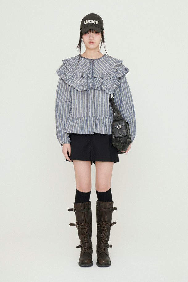 LUCKY CHOUETTE - 블라우스 - Frill Point Stripe Long Sleeve Blouse (blue)